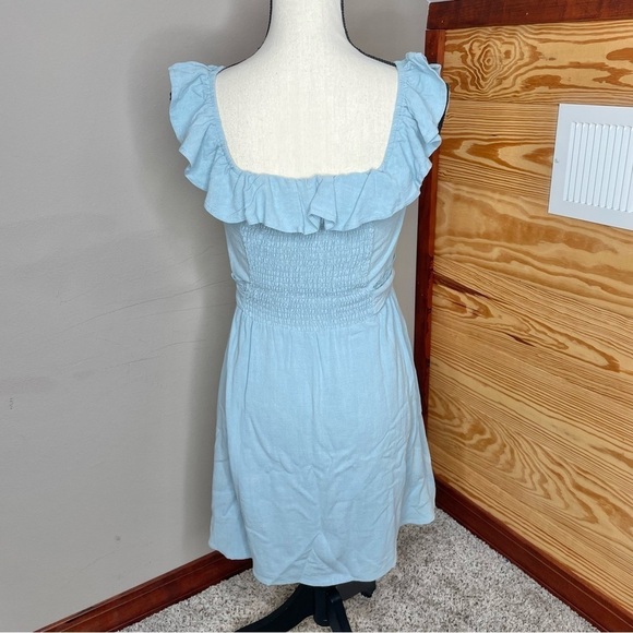Altar’d State Blue Chambray Floral Embroidered Smocked Ruffle Mini Dress Medium - Picture 3 of 7